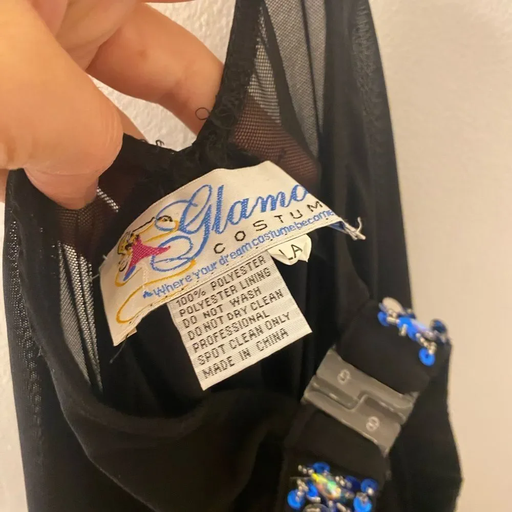 Glamour solo custom dance costume black blue leotard rhinestone LA-Large adult
